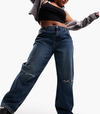 ASOS DESIGN Curve baggy boyfriend jeans in blue with knee rips