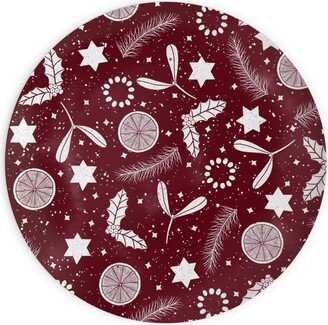 Plates: Festive Christmas Print Stars, Mistletoe, Orange, Holly And Pine Branch On Burgundy Plates, 10X10, Red