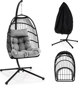 Patio Hanging Egg Chair with Stand Waterproof Cover Folding Basket