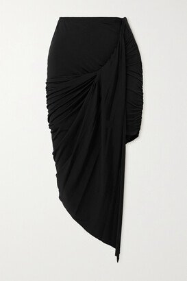 Asymmetric Gathered Stretch-jersey Midi Skirt - Black