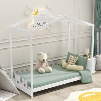 Calnod House Twin Size Platform Bed with Canopy - Solid Wood Slats Support - Warm and Adorable Style for Kids' Bedroom-AA