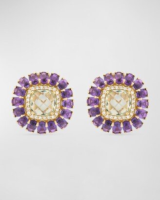 18K Yellow Gold Diamond, Prasiolite, and Amethyst Stud Earrings