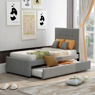 EDWINRAY Twin Size Linen Upholstered Platform Bed With Trundle, Headboard and 4 Smooth Glide Wheels