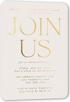 Rehearsal Dinner Invitations: Brightly Joined Rehearsal Dinner Invitation, Beige, Gold Foil, 5X7, Matte, Personalized Foil Cardstock, Rounded