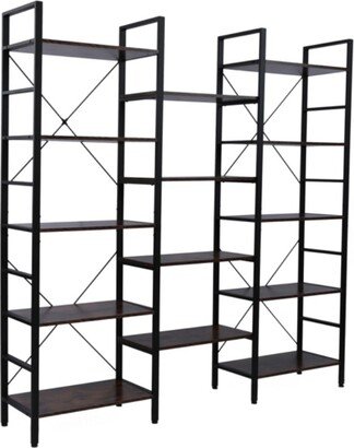 Triple Wide 5-Shelf Bookcase, Etagere Large Open Bookshelf Vintage Industrial Style Shelves Wood and Metal