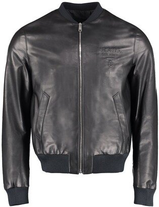 Ribbed Hem Leather Bomber Jacket