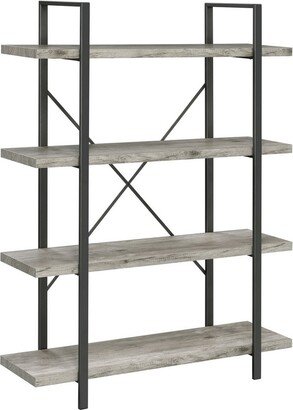 Ana 55 Inch Wood Bookcase, 4 Shelves, Crossed Metal Design, Light Gray