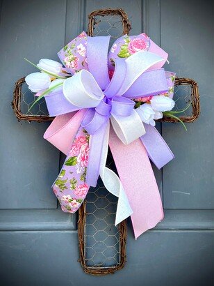 Spring Tulip Cross Wreath, Door Hanger, Floral & Twig Hydrangea Cross, Religious/Faith Mother's Day Gift