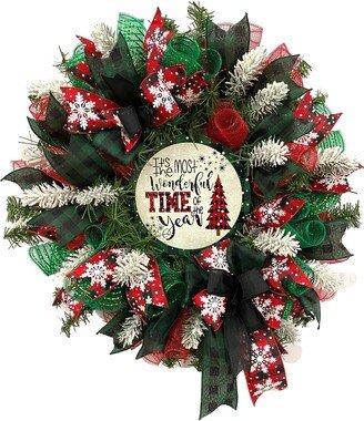 Its The Most Wonderful Time Of Year Christmas Wreath, Emerald Green Wall Decor With Plaid, Pine Door Hanger For Front