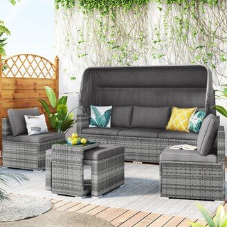 Calnod 5-Piece Outdoor Patio Furniture Set for 8, Wicker Sectional Seating with Canopy & Tempered Glass Side Table