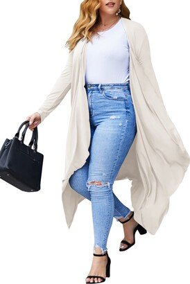 IN'VOLAND Women's Plus Size Long Sleeve Waterfall Asymmetric Drape Open Long Maxi Cardigan (White