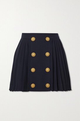 Button-embellished Pleated Wool Mini Skirt - Blue