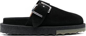 Black Buckle Detail Suede Slippers