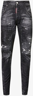 Mens Black Distressed Tapered-leg Mid-rise Stretch-denim Jeans