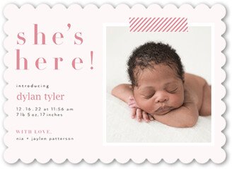 Birth Announcements: Shining Arrival Birth Announcement, Pink, 5X7, Pearl Shimmer Cardstock, Scallop