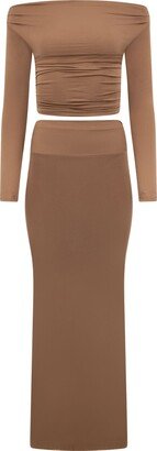 Summer Wren Brown Knit Modal Off Shoulder Top And Skirt Set