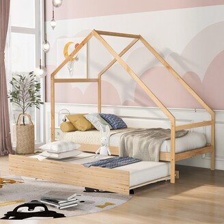 IGEMAN Twin Size Wooden House Bed Simple Daybed Frame with Twin Size Trundle Suitable for DIY Decor Ribbons or Lanterns on Eaves
