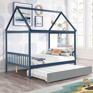 EYIW Full Size Wood House Bed with Twin Size Trundle Bed for Kids, Teens, Girls, Boys