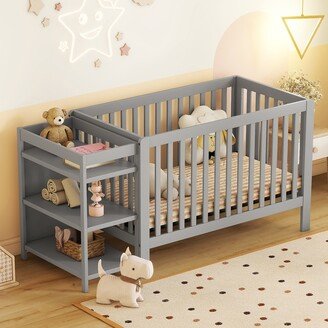 Aoolive New Style Convertible Crib / Full Size Platform Bed with Changing Table, Storage Bed with Shelves, Wooden Crib