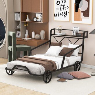 RASOO Metal Car Platform Bed with Guardrails and X-Shaped Frame Shelf