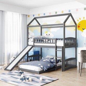 Aoolive Twin Over Twin Bunk Bed with Slide, House Bed with Slide