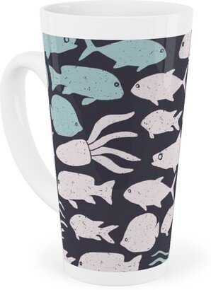 Mugs: Fish School In Gray Aqua Dark Background Tall Latte Mug, 17Oz, Blue