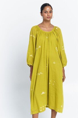 World of Crow Ochre Scoop-Neck Gathered Dress