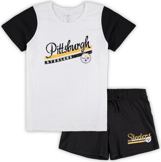 Women's Concepts Sport White, Black Pittsburgh Steelers Plus Size Downfield T-shirt and Shorts Sleep Set - White, Black