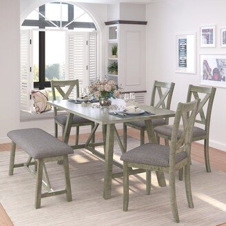 Global Pronex 6 Piece Dining Table Set Wood Dining Table and chair Kitchen Table Set with Table, Bench and 4 Chairs