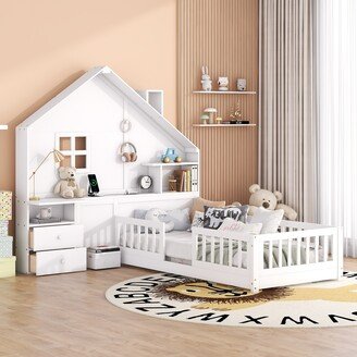 Joliwing Twin Size House Kid Bed,Floor Bed with Drawers/Sockets/USB Port,White