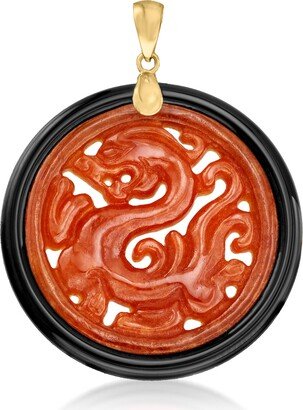 Red Jade and Black Agate Dragon Circle With 14kt Yellow Gold