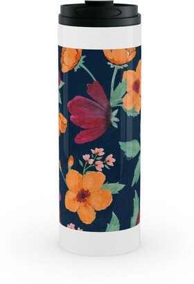 Travel Mugs: Watercolor Autumn Florals - Navy Stainless Mug, White, 16Oz, Multicolor