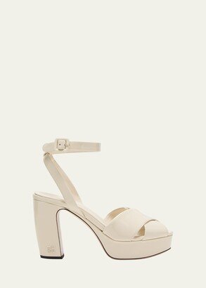 Patent Crisscross Block-Heel Platform Sandals