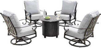 5pc Outdoor Dining Set with 34 Aluminum Round Basket Weave Design Fire Table, Deep Seating Swivel Rocking Chairs & Covers - Oakland Living