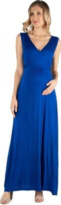 24seven Comfort Apparel V Neck Sleeveless Maternity Maxi Dress with Belt-Royal-XL