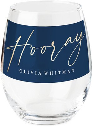 Stemless Wine Glasses: Gold Scripted Celebrations Printed Wine Glass, Printed Wine, Set Of 1, Blue