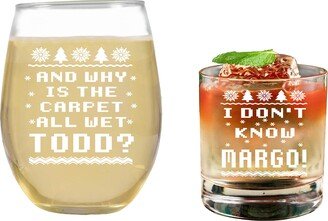 Set Of 2 Matching Christmas Etched Wine Glass & Whiskey - I Don't Know Margo Why Is The Carpet All Wet Todd Stemless Glasses