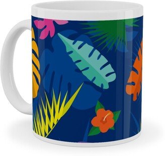 Mugs: Tropical Leaves - Multi On Blue Ceramic Mug, White, 11Oz, Multicolor