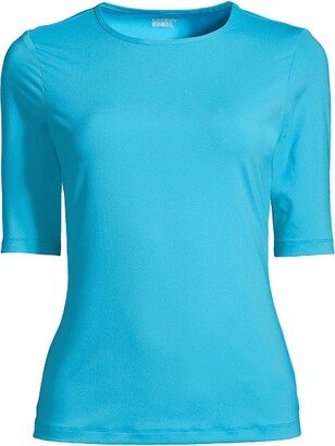 Women's Crew Neck Elbow Sleeve Rash Guard UPF 50 Sun Protection Modest Swim Tee - Small - Turquoise