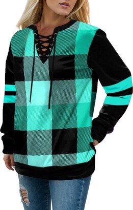 Generic Womens Pullover Sweatshirts Matching Drawstring New Fabric Women's Patchwork Plaid Hooded Jacquard Long Sleeve Tunic Tops Mint Green