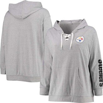 Women's Plus Size Heathered Gray Pittsburgh Steelers Lace-Up Pullover Hoodie