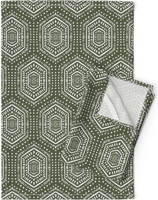 Bohemian Tea Towels | Set Of 2 - Boho Painted Olive By Designdn Mudcloth Hexagon Geometric Pastel Linen Cotton Spoonflower