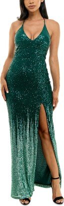 pear culture Juniors' Sequined X-Back Gown - Hunter/Aqua