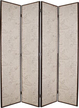 Wooden 4 Panel Foldable Screen with Script Print, Beige