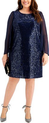 Plus Size Cape-Sleeve Sequin Dress