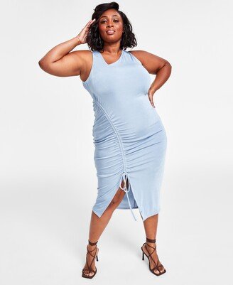 Nina Parker Plus Size Solid Ruched Asymmetrical-Neck Dress