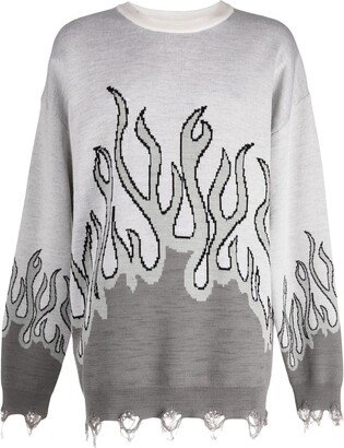 Distressed-Effect Flame-Print Wool Jumper