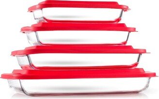 JoyFul by 8pc Glass Bakeware Set. 4x Baking Pan Dishes Containers and 4x Lids - Red