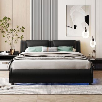 Full Size Faux Leather Platform Bed with LED Light