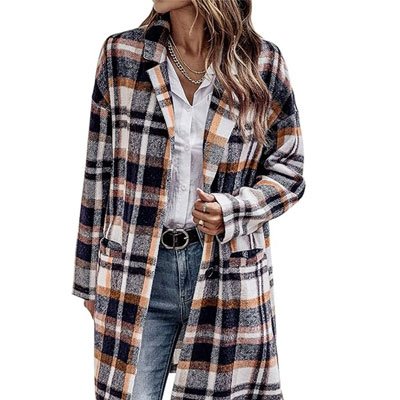 Save 40% Shacket Jacket Women Plaid Long Flannel Lapel Long Sleeve with code: TZUZUKWO